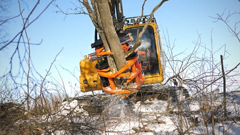Left unmanaged, field edges become overgrown over the years. Shrubs and trees encroach, complicating fieldwork. Traditional methods like chainsaws or brush cutters are slow, strenuous, and labor-intensive. However, when the task is done with a tree shear and a suitable excavator, clearing becomes efficient and ergonomic. The brush is transformed into neat wood piles that can be used, for example, as firewood.
